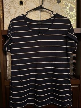 SHEIN Navy and White Striped V-Neck Tee